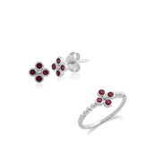Bague et Boucles d'Oreilles Clou Trèfle Floral Argent 925 Rubis Rond