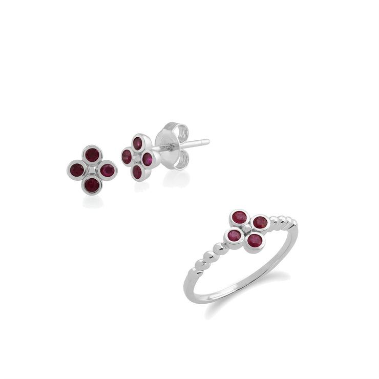 Bague et Boucles d'Oreilles Clou Trèfle Floral Argent 925 Rubis Rond