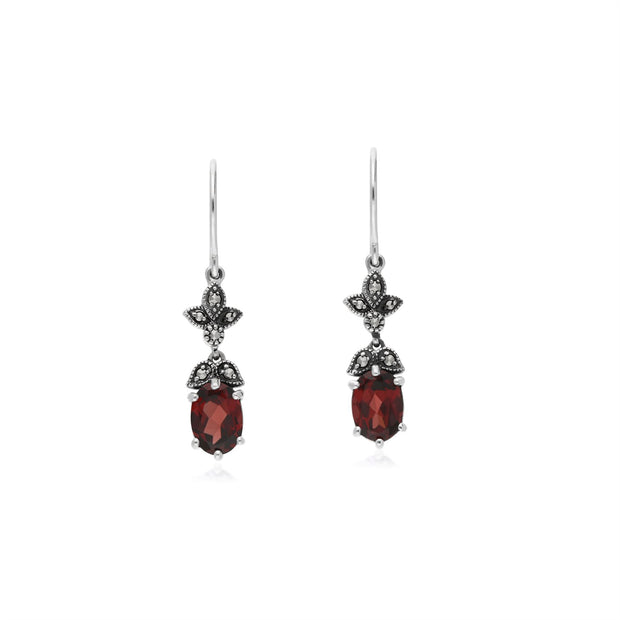 Boucles d'Oreilles Style Art Nouveau en Argent Sterling 925 avec Grenat et Marcassite