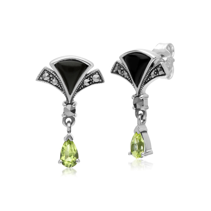 s Argent Sterling Poire Péridot, Onyx Noir et Marcassite Éventail Boucles D'Oreilles Goutte