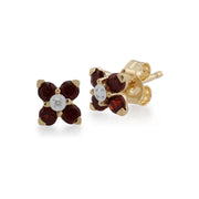 Pendentif et Boucles d'Oreilles Floral Or Jaune 375 Grenat Rond et Diamant