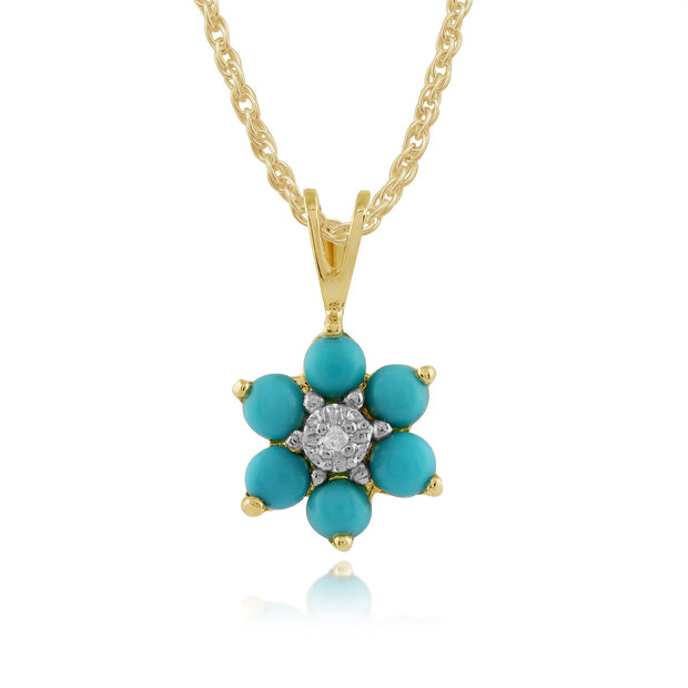 Pendentif Floral Or Jaune 375 Turquoise Rond et Diamant