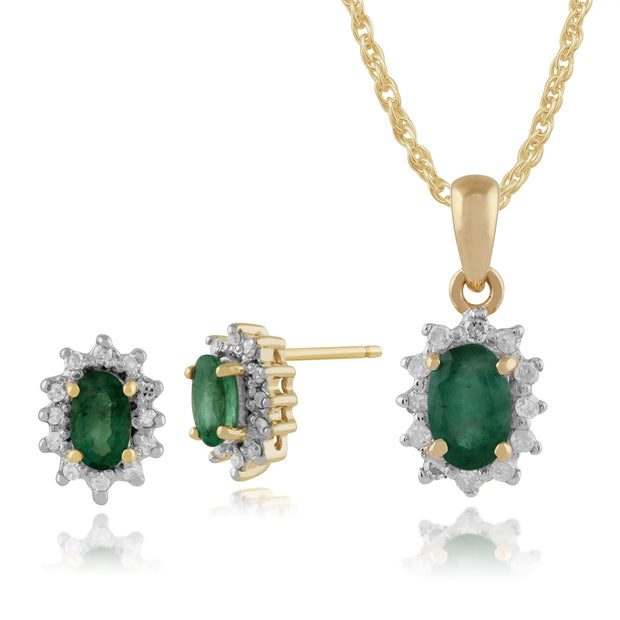 Pendentif et Boucles d'Oreilles Clou Oval Classique Or Jaune 375 Emeraude et Diamant Halo