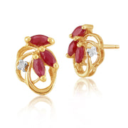 Boucles d'oreilles Style Floral Or Jaune 375 avec Rubis Marquise serti de Diamants