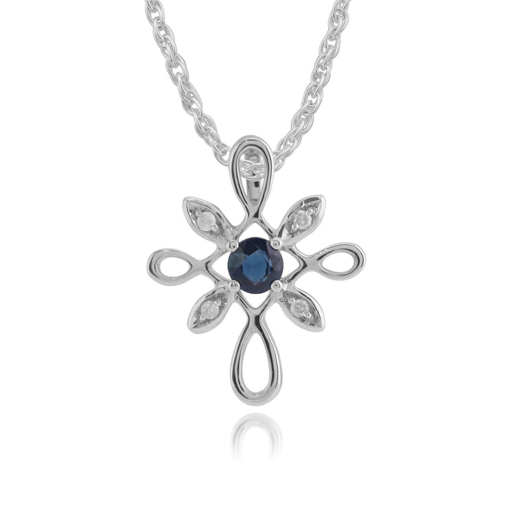 Pendentif et Bague Floral Or Blanc 375 Saphir Rond et Diamant