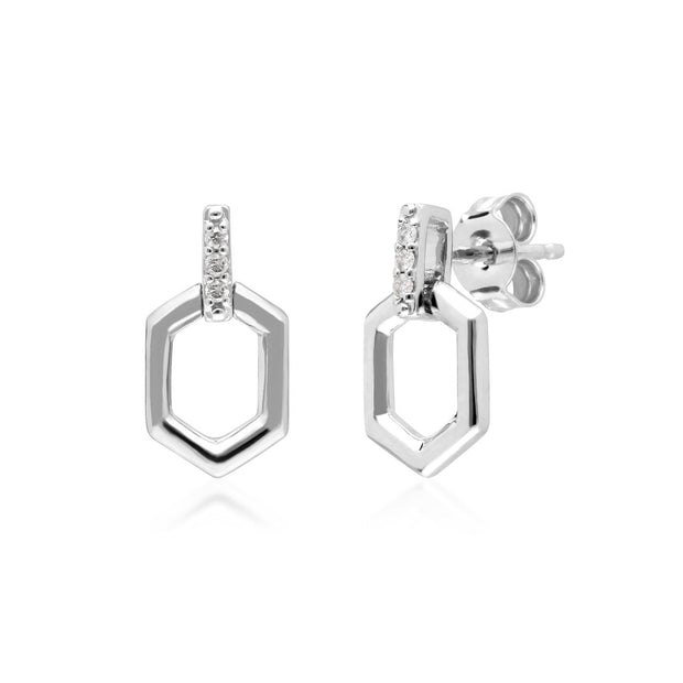 Boucles d'Oreilles Pendantes Barre Hexagone Pavé Diamant Or Blanc 375