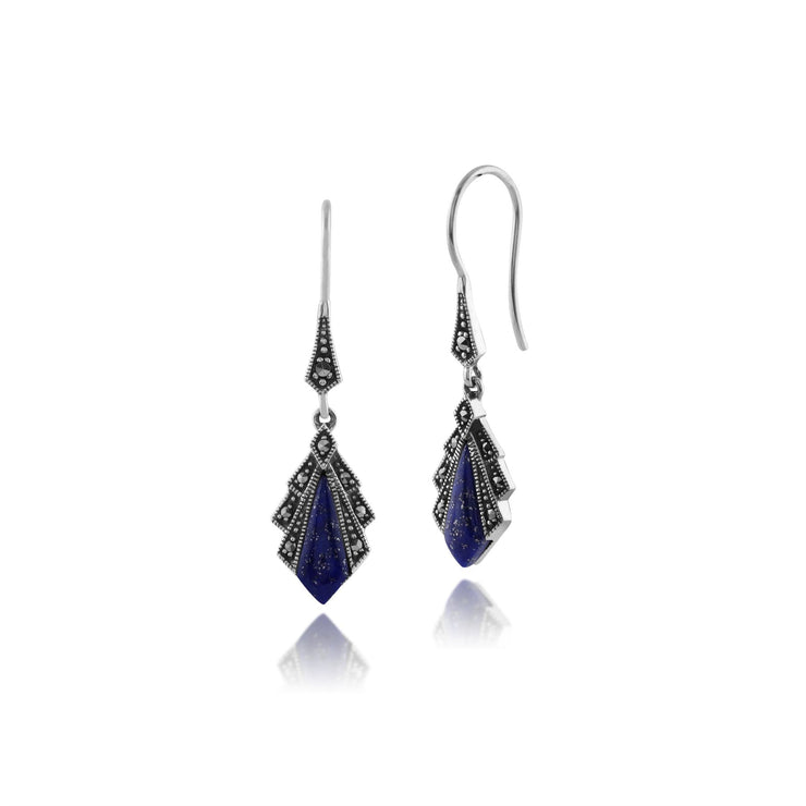 Collier et Boucles d'Oreilles Eventail Pendantes Style Art Déco Argent 925 Lapis Lazuli et Marcassite