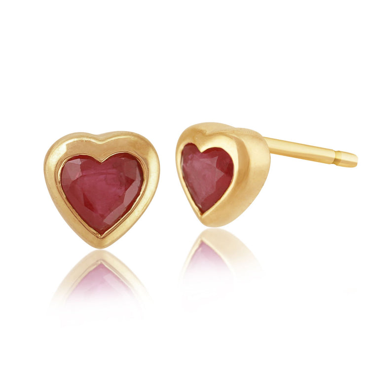 Jaune 9ct Or 0.25ct Ruby Naturel Boucles D'oreilles Puces Coeur