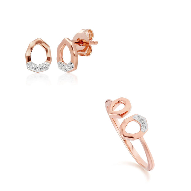 Bague et Boucles d'Oreilles Clou Asymétriques Pavé Diamant Or Rose 375