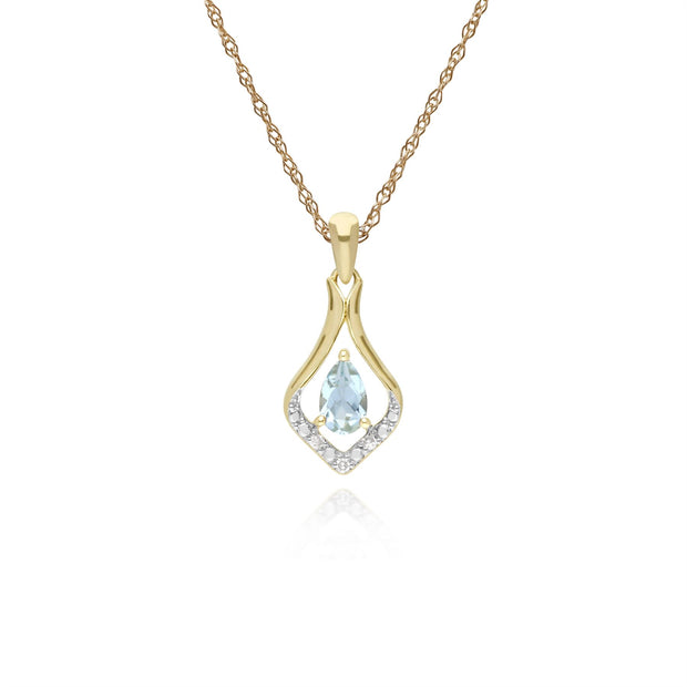 Boucles d'Oreilles Dormeuses et Pendentif Feuille Classique Or Jaune 375 Aigue-Marine et Diamant