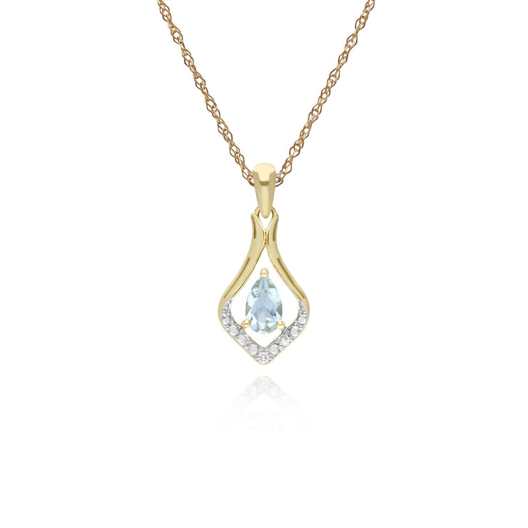 Boucles d'Oreilles Dormeuses et Pendentif Feuille Classique Or Jaune 375 Aigue-Marine et Diamant