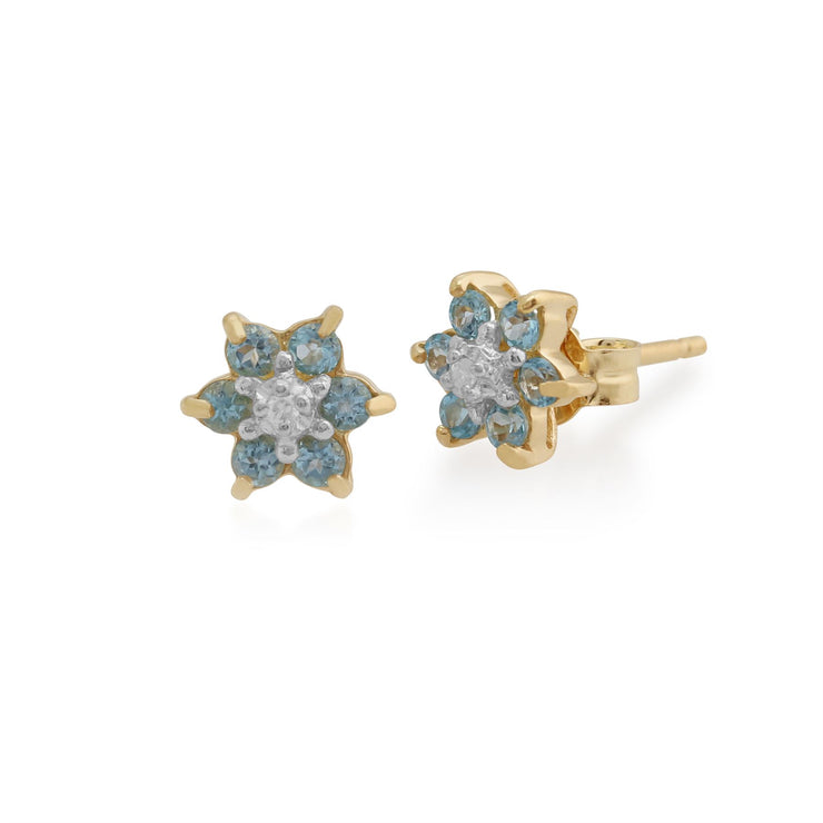 Boucles d'Oreilles Clou Floral Or Jaune 375 Topaz Bleu et Diamant Style Cluster