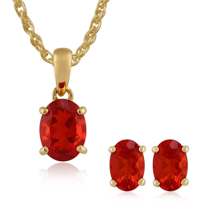 Pendentif et Boucles d'Oreilles Clou Classique Or Jaune 375 Opale de Feu Ovale