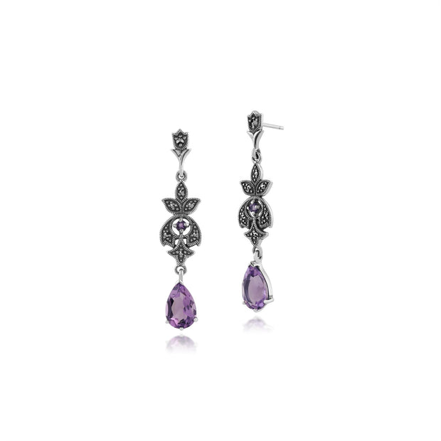 Boucles d'Oreilles Pendantes Floral Argent 925 Améthyste Poire et Marcassite