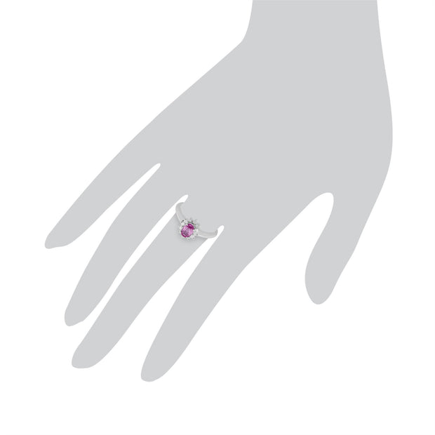 Bague Classique Or Blanc 375 Saphir rose et Diamant Halo