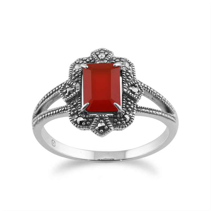 Gemondo 925 Argent Art Déco 0,85ct Orange Cornaline & Marcassite Bague