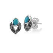 Collier et Boucles d'Oreilles Clou Style Art Déco Argent 925 Turquoise Ovale et Marcassite