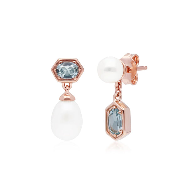 Boucles d'Oreilles Asymétrique Perle Moderne Argent 925 Plaqué Or Rose Perle et Topaze Bleue