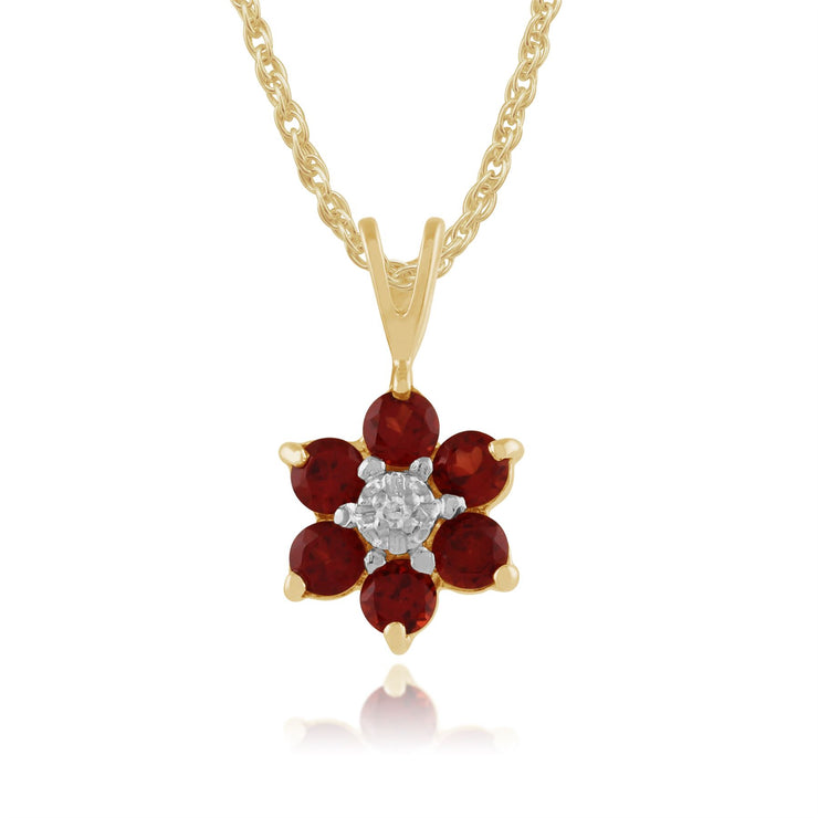 Pendentif Floral Or Jaune 375 Grenat Rond et Diamant Style Cluster