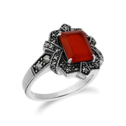 Gemondo Teinté Cornaline Bague, Argent Sterling Teinté Cornaline & Marcassite Octogone Art Déco Bague - cornaline