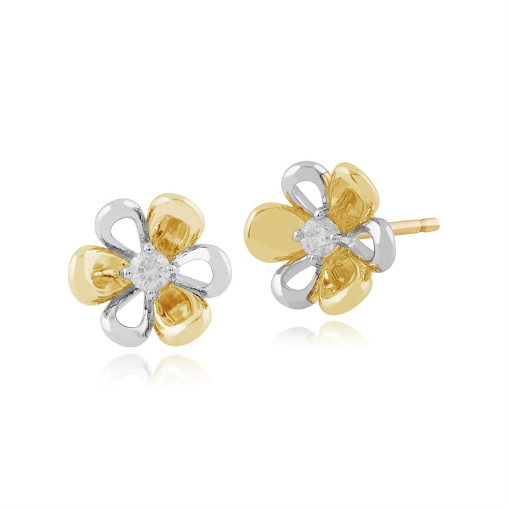 Boucles d'oreilels en diamant, 9 Ct Or Jaune 0.06ct Diamant floral clous