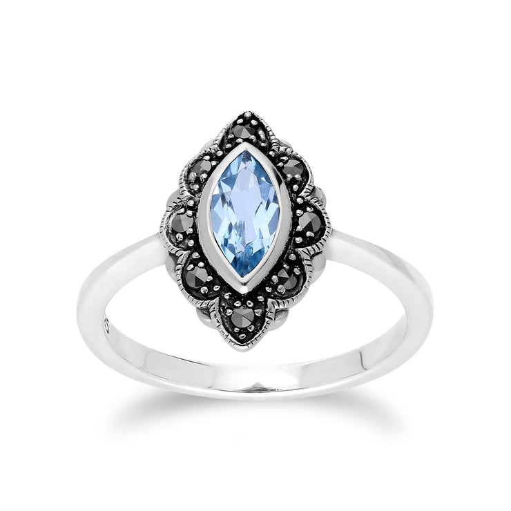 Gemondo Topaze Bleu Bague, Argent Sterling Topaze Bleu & Marcassite Art Nouveau Bague - TOPAZE