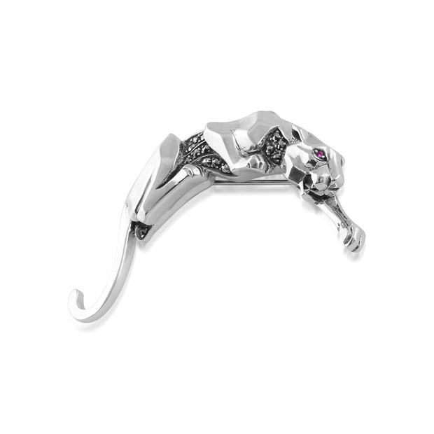 Broche Panthère Style Art Déco Argent 925 Rubis et Marcassites Ronds