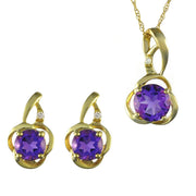 Pendentif et Boucles d'Oreilles Clou Floral Classique Or Jaune 375 Améthyste et Diamant