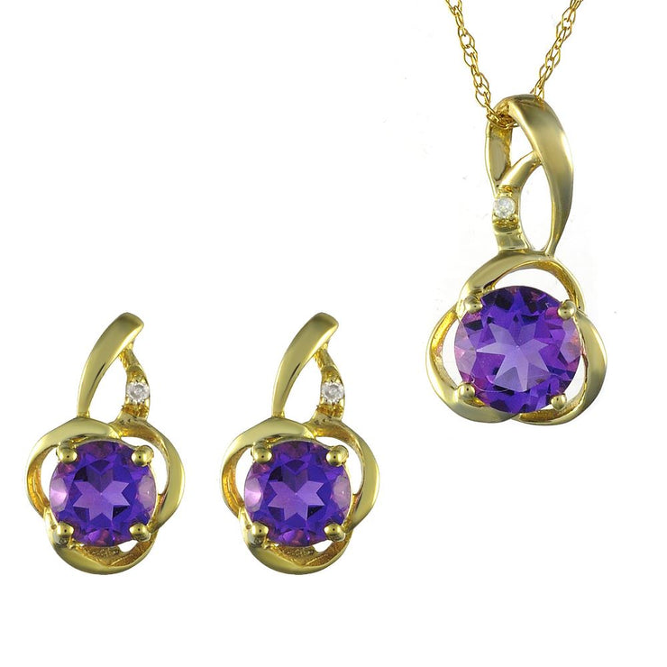 Pendentif et Boucles d'Oreilles Clou Floral Classique Or Jaune 375 Améthyste et Diamant