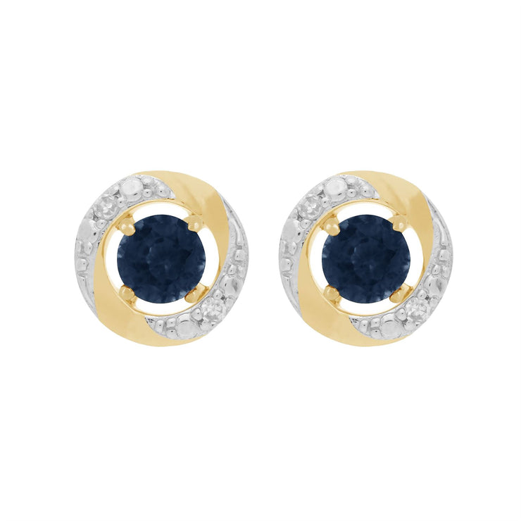 Boucles d'Oreilles Clou Saphir Bleu Classique Or Jaune 375 et Ear-Jacket Halo Diamant