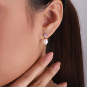 Boucles d'Oreilles Asymétrique Perle Moderne Argent 925 Plaqué Or Rose Perle et Améthyste