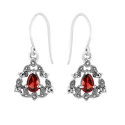 Collier et Boucles d'Oreilles Pendantes Style Art Nouveau Argent 925 Grenat Poire et Marcassite Halo