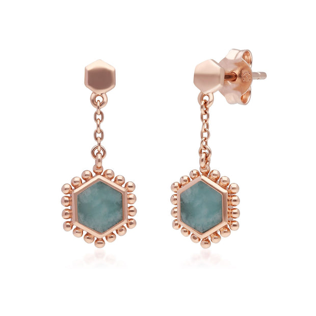 Boucles d'Oreilles Pendantes Flat Slice Hexagone Argent 925 Doré à l'Or Fin Rose Amazonite