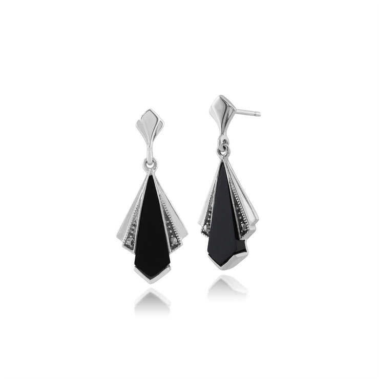 Boucles d'Oreilles Pendantes Style Art Déco Eventail Argent 925 Onyx Noire et Marcassite