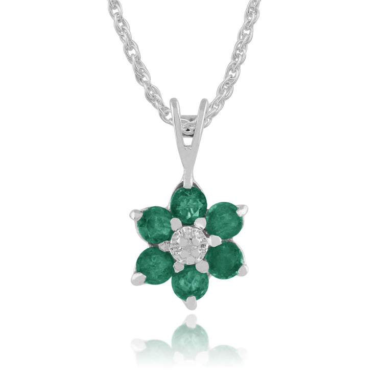 Pendentif et Boucles d'Oreilles Clou Floral Or Blanc 375 Emeraude Ronde et Diamant Cluster