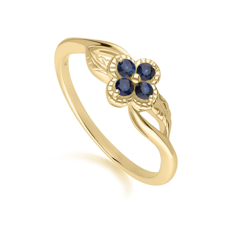 Bague Florale Or Jaune 375 avec Saphir Ronde