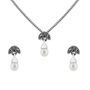 Collier et Boucles d'Oreilles Clou Feuille Style Art Déco Argent 925 Perle et Marcassite