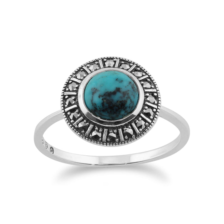 Gemondo 925 Sterling Silver Art Déco 0.97ct Turquoise & Marcassite Bague