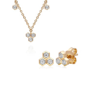 Collier et Boucles d'Oreilles Clou Trilogie Diamant Or Jaune 375 Diamant