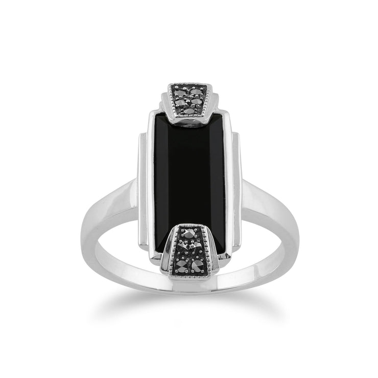 Gemondo Art Déco Bague, 925 Sterling Silver Art Déco Onyx Noir & Marcassite Bague