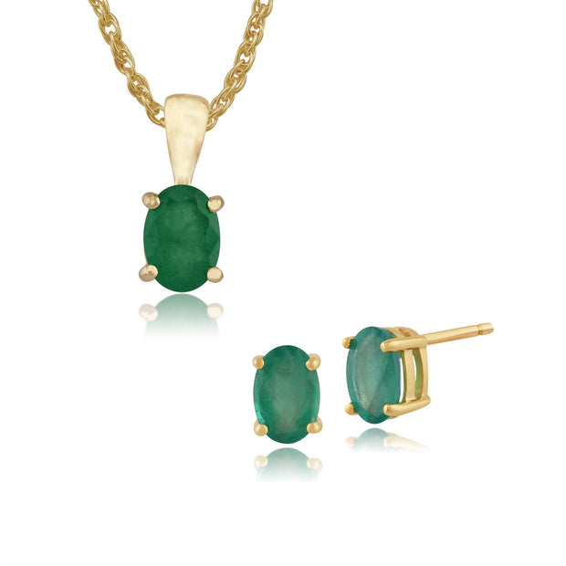 Pendentif et Boucles d'Oreilles Clou Classique Or Jaune 375 Emeraude Ovale