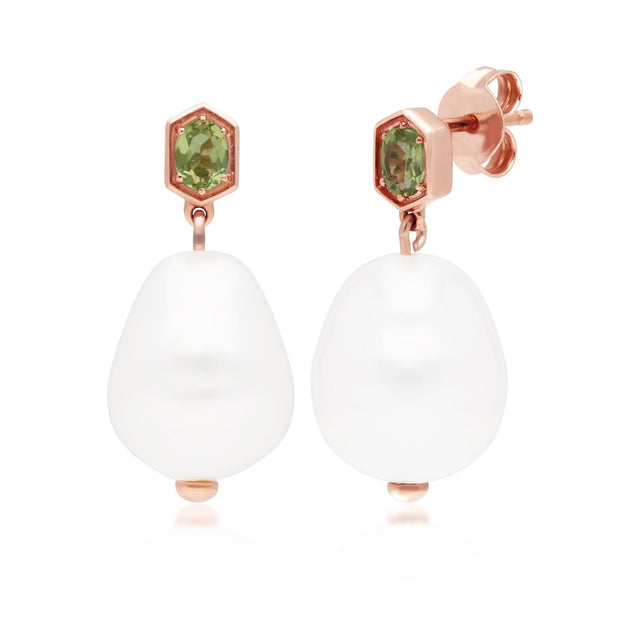Boucles d'Oreilles Pendantes Perle Moderne Argent 925 Doré à l'Or Fin Rose Perle Baroque et Péridot