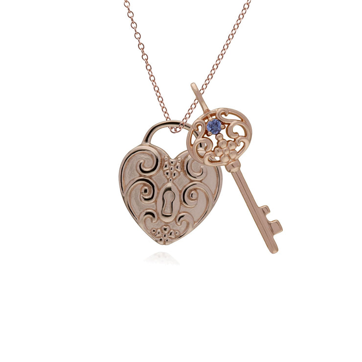 Pendentif Classique Cadenas Cœur Torsadé Argent 925 Plaqué Or Rose et Charms Grande Clé Tanzanite