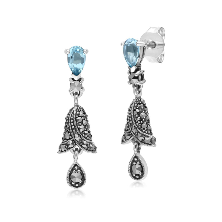 s Argent Sterling Poire Topaze Bleu et Marcassite Clochette Boucles D'Oreilles Goutte