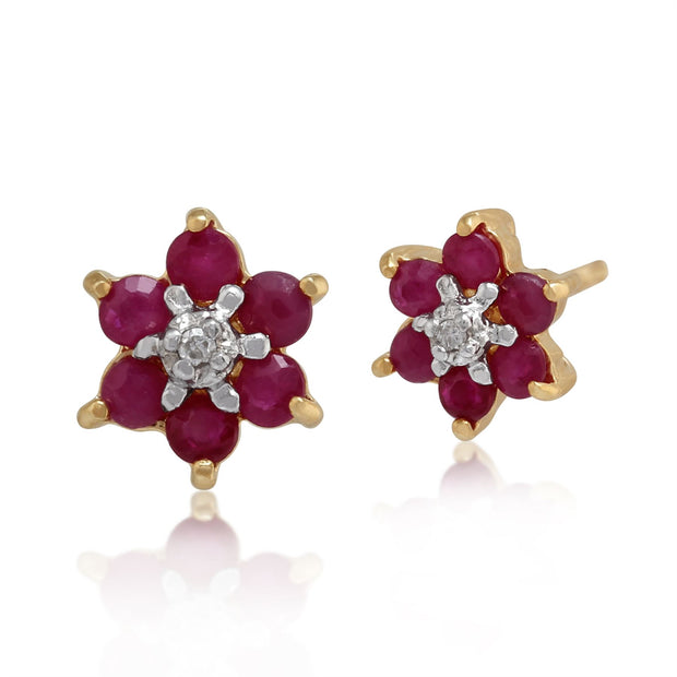 Boucles d'Oreilles Clou Floral Or Jaune 375 Rubis et Diamant Style Cluster