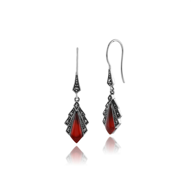 Boucles d'Oreilles Pendantes Style Art Déco Argent 925 Cornaline Diamant et Marcassite