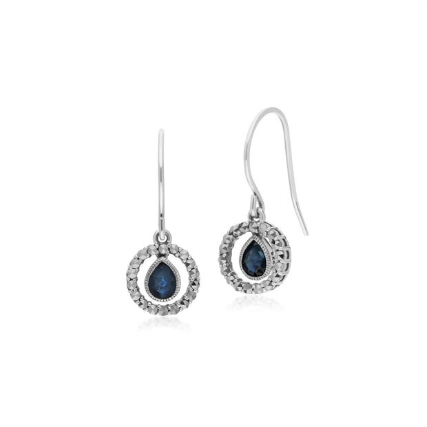 Argent Sterling Gouttes D'Eau Saphir et Rond Marcassite Boucles D'Oreilles Goutte