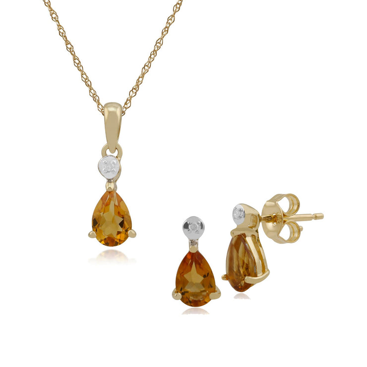 Pendentif et Boucles d'Oreilles Clou Classique Or Jaune 375 Citrine Poire et Diamant