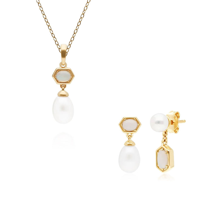 Pendentif et Boucles d'Oreilles Perle Moderne Argent 925 Plaqué Or Opale et Perle