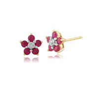 Boucles d'Oreilles Florale Clou Or Jaune 375 Rubis et Diamants Style Cluster